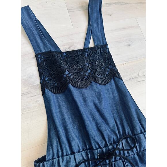 Anna Sui Denim Chambray Overalls Capri Size Small jogger bibs Vintage 90s Era - Picture 2 of 12